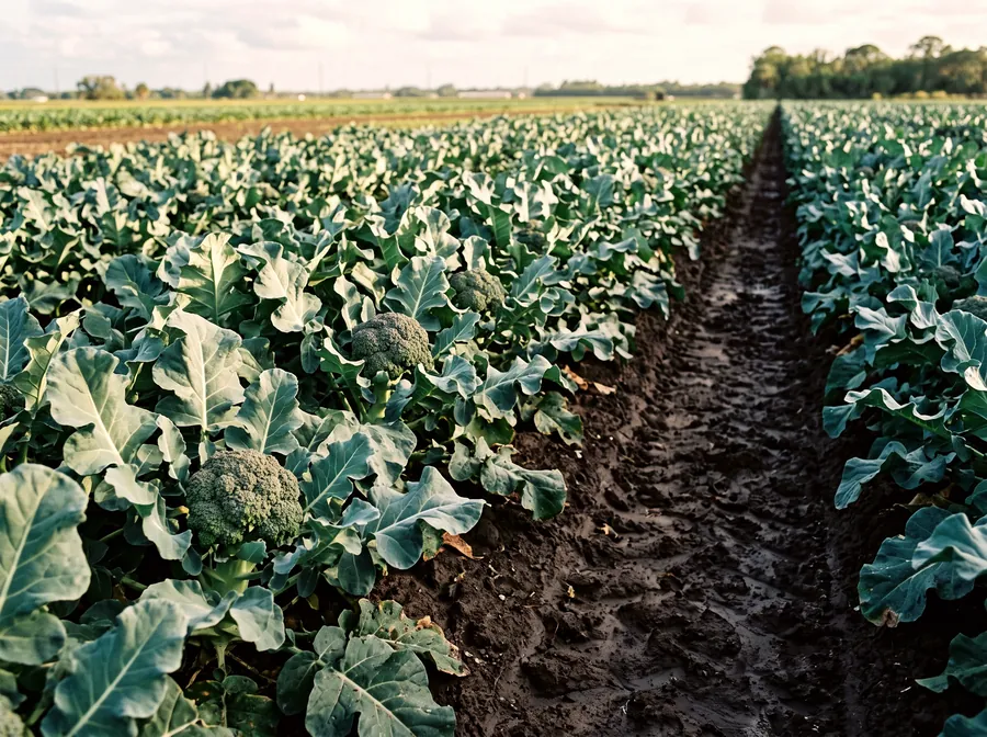 Broccoli plants growing in tight rows in the field